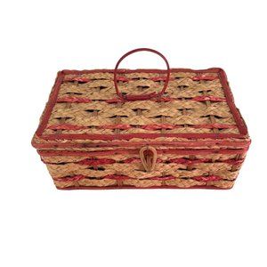 Vintage Sewing Basket Braided 1960's Woven Wicker Hinged Wood Base 3.5 x 8 x 5